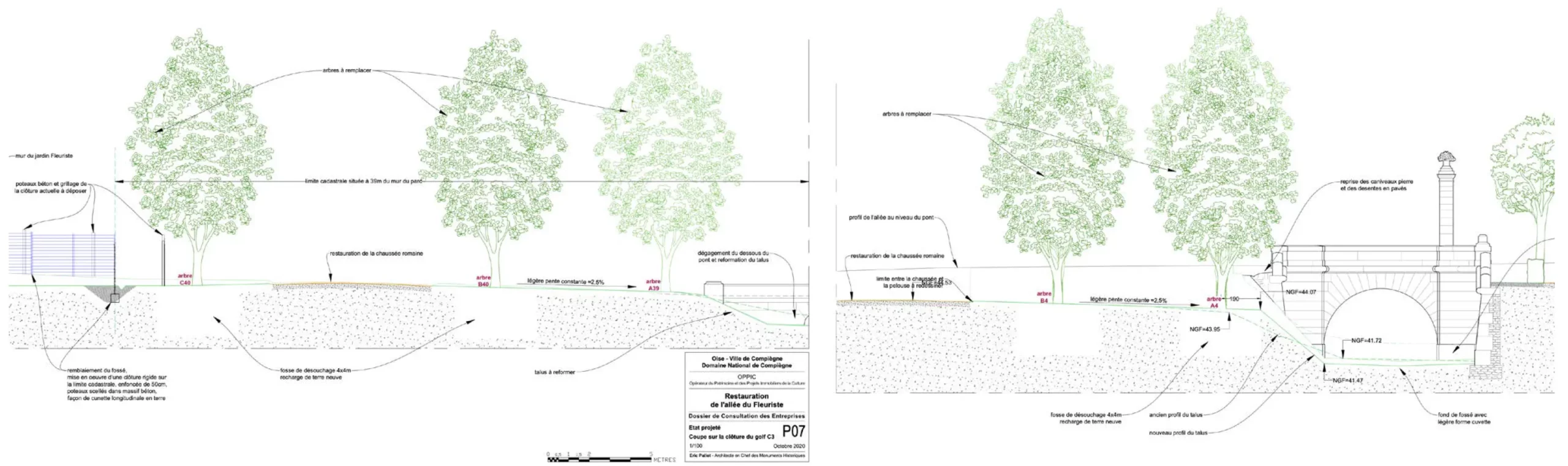 Coupe transversale du projet paysager à Compiègne