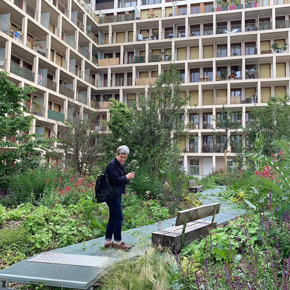 Traversée surélevée du jardin sur toiture du gymnase de l'îlot Saint-Germain à Paris