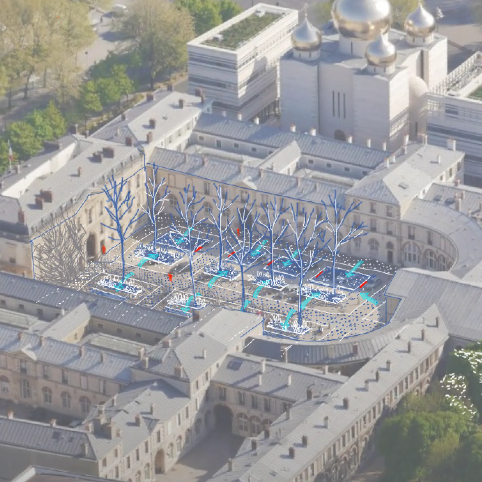 étude adaptation d'une cour minérale aux effets du changement climatique, Palais de l'Alma